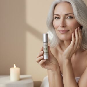 A luxurious lifestyle image showcasing radiant, healthy skin with Luvité Essential Night Repair.