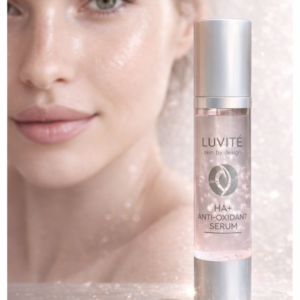 Luvité HA+ Anti-Oxidant Serum with glowing skin model showcasing hydrated, radiant complexion and smooth texture