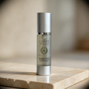 Luvité Hydrating Formula serum bottle on marble surface in warm natural light