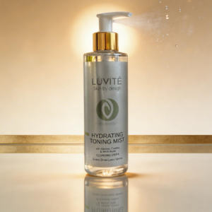 Luvité Hydrating Toning Mist luxury skincare bottle with gold pump on beige background