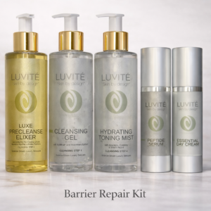 Luvité Barrier Repair skincare system for sensitive and damaged skin including cleanser, toner, hydrating serums and barrier strengthening treatments