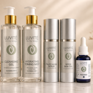Luvité Brightening System for pigmentation and uneven skin tone including cleanser, toner, exfoliating serum, SPF protection and radiance treatment