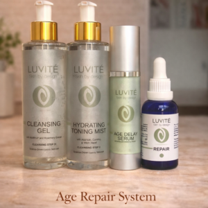 Luvité Age Repair skincare system including cleanser, toner, anti-aging serum and repair treatment for skin rejuvenation, hydration and wrinkle reduction