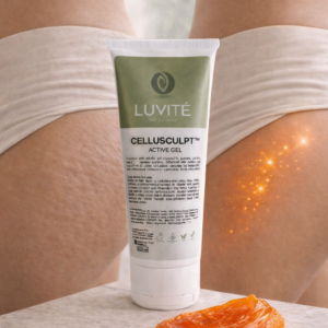 Woman applying Luvité CelluSculpt Active Gel to thigh, showcasing bright orange thermogenic gel texture designed to reduce cellulite and improve circulation