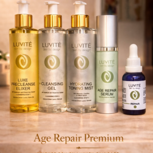 Luvité Age Repair Premium anti-aging skincare system including cleanser, toner, serum and repair treatment for skin renewal, firming and advanced age correction