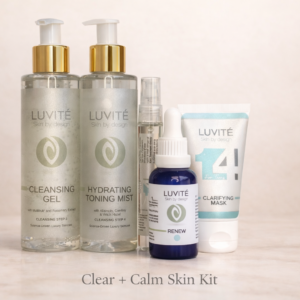 Luvité Clear and Calm acne skincare system including cleansing gel, toner, treatment serum and mask for breakouts, oily skin and inflammation control
